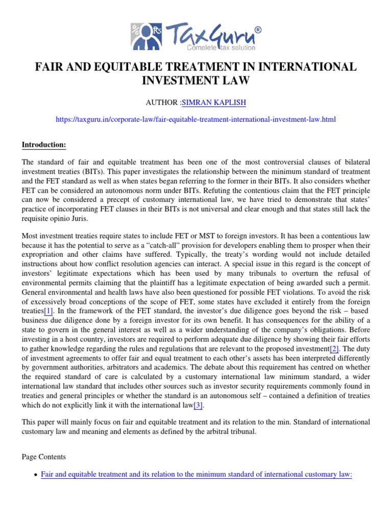 Fair and Equitable Treatment in Investment Law | PDF | International ...