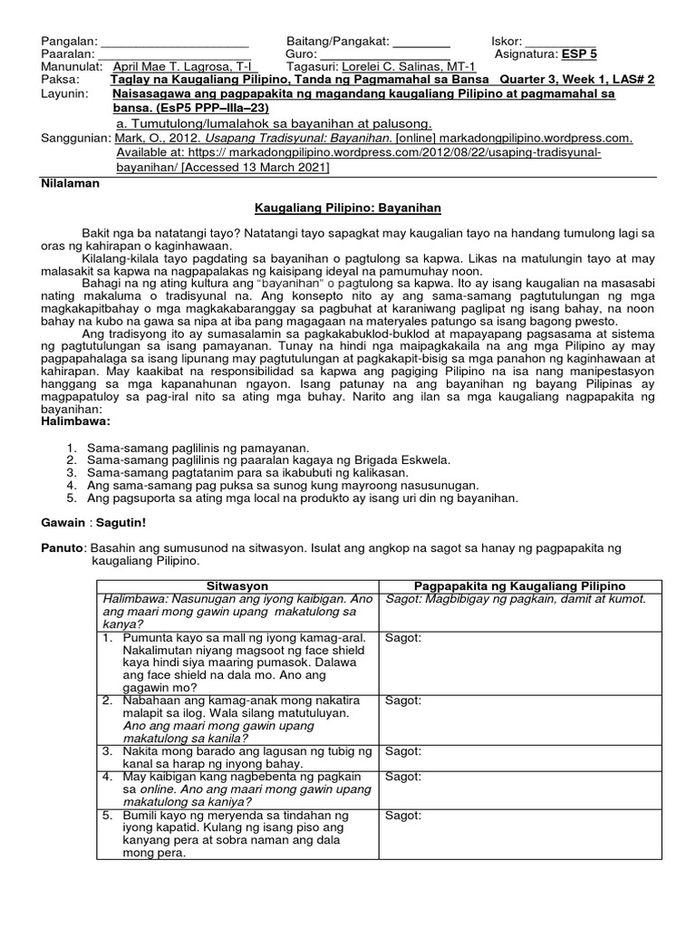 Esp 5 Quarter 3 Week 1 Las 2 | PDF