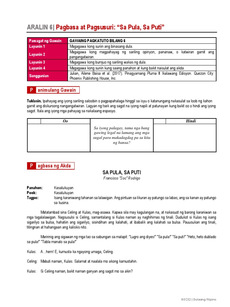 Modyul 6 Pagbasa At Pagsusuri Sa Pula Sa Puti Pdf