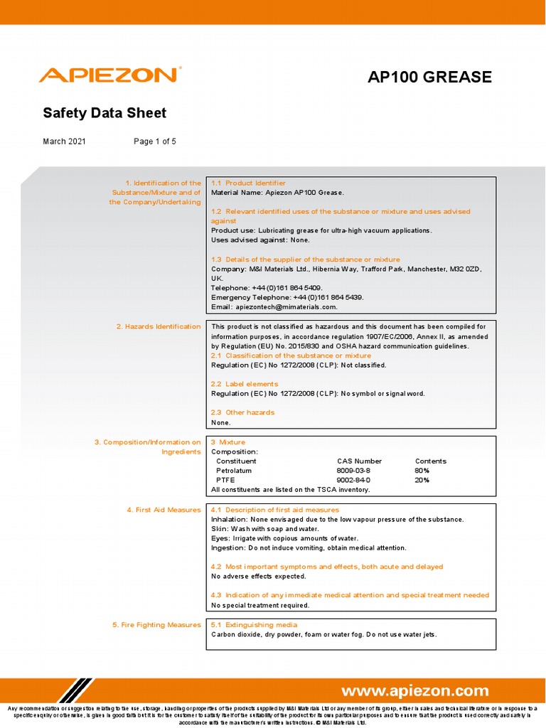 Apiezon AP100 Grease MSDS | PDF | Toxicity | Chemical Substances