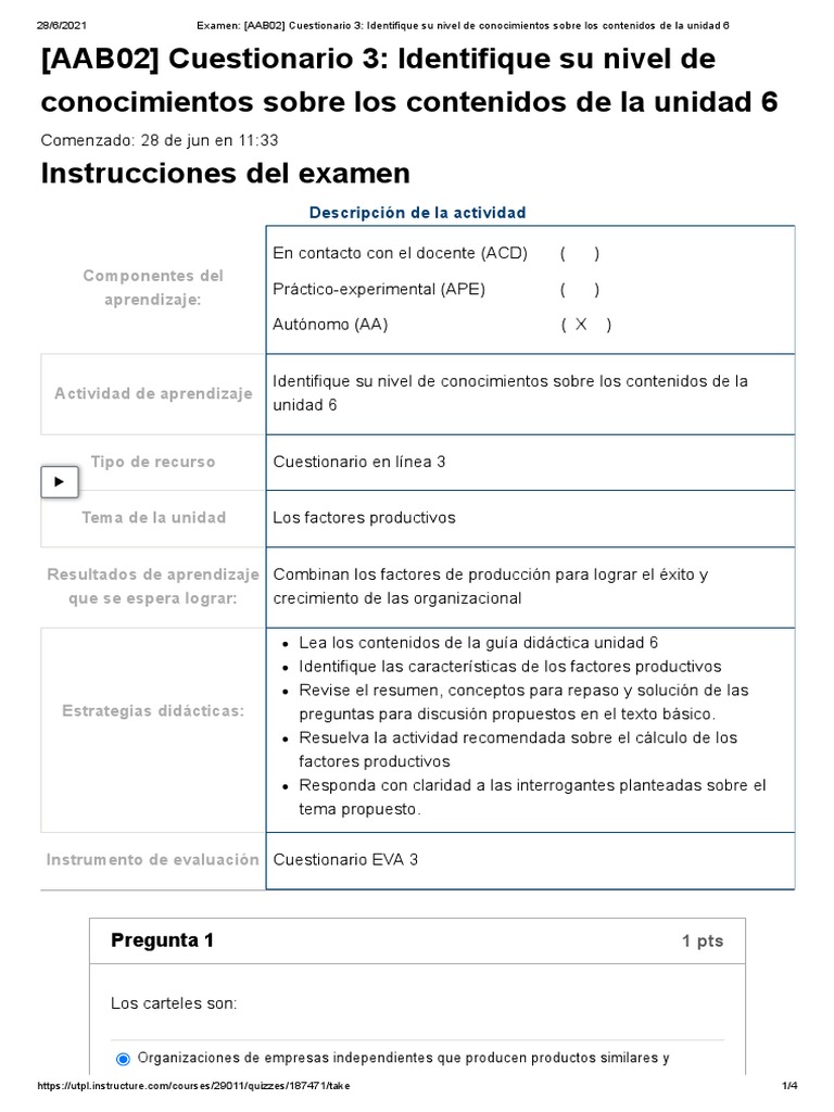 Examen - (AAB02) Cuestionario 3 - Identifique Su Nivel de Conocimientos ...