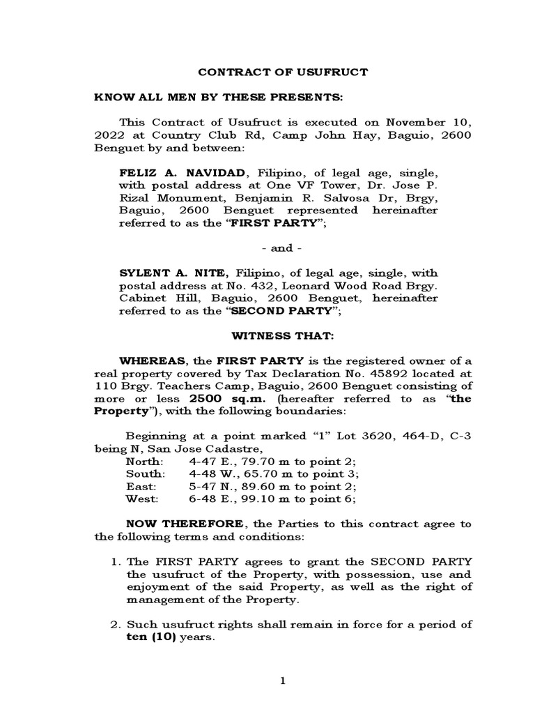 Contract of Usufruct Over Real Property or Usufruct Agreement PDF