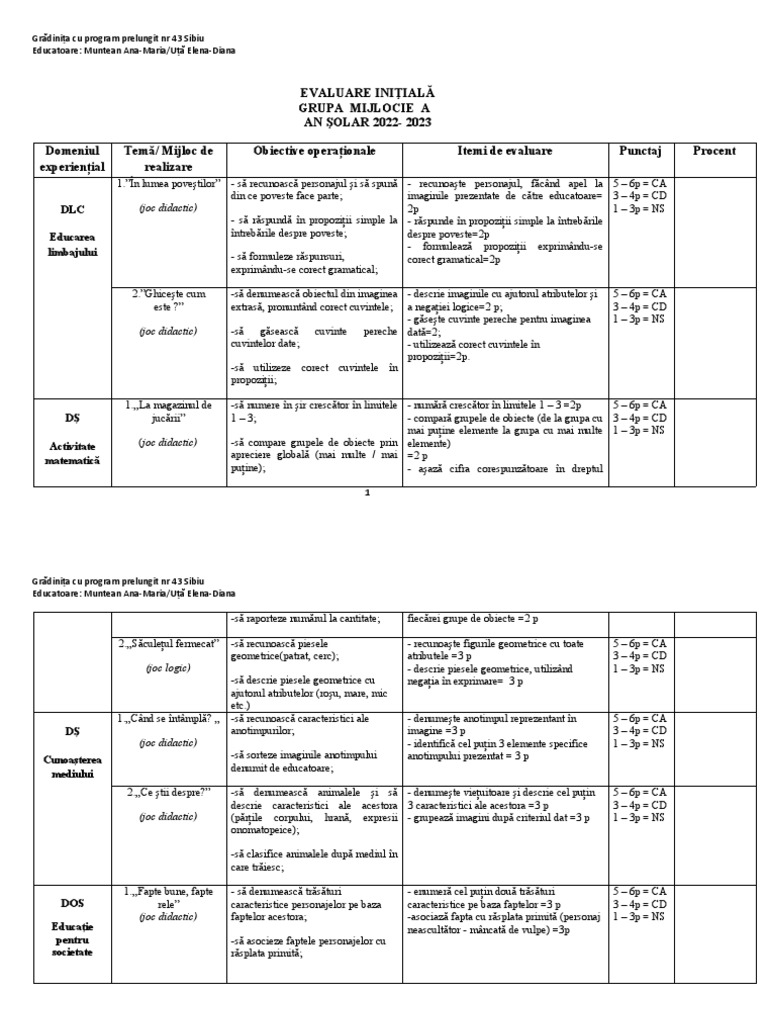 Planificare Evaluare Initiala | PDF