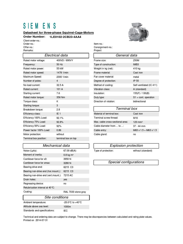 Siemens Squirrel-Cage Motor Datasheet | PDF | Electric Motor ...
