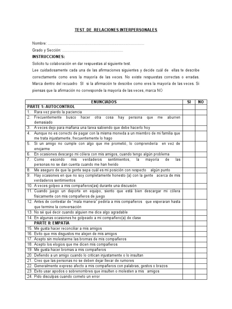 Test de Relaciones Interpersonales | PDF | Relaciones personales ...