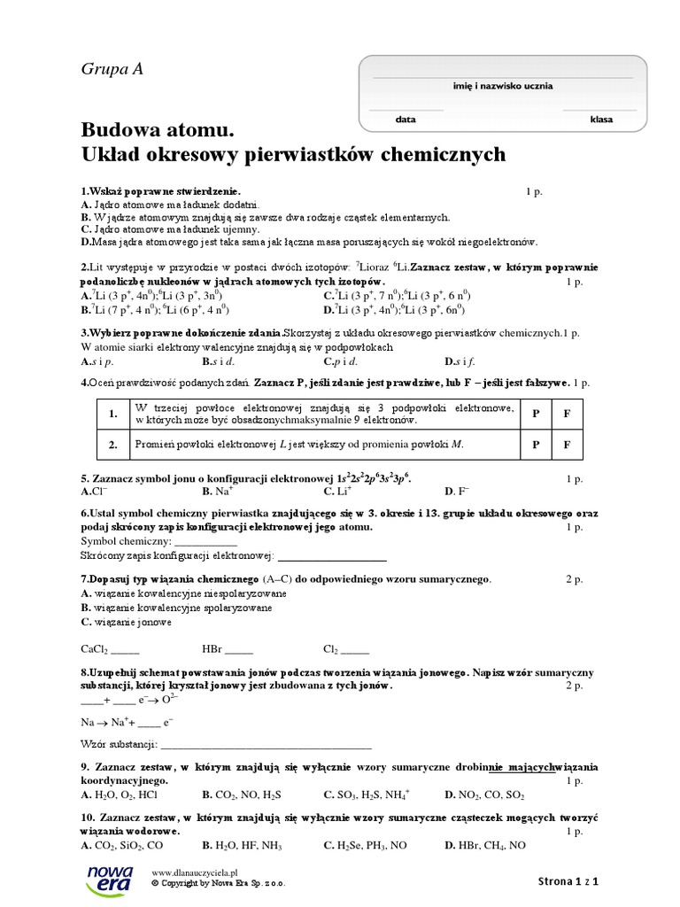 Sprawdzian Z Chemii Atom I Cząsteczka Sprawdzian 1 Budowa Atomu Uklad Okresowy Pierwiastkow Chemicznych Grupa