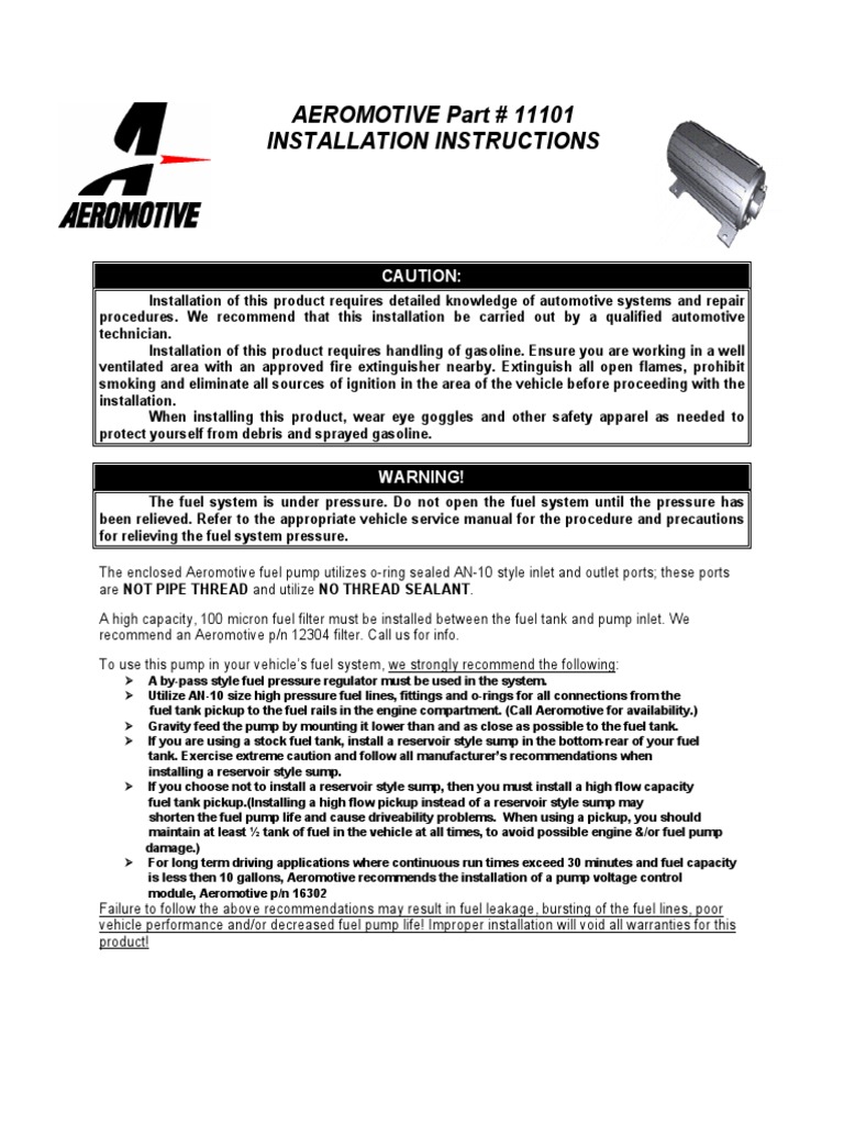 AEROMOTIVE Part 11101 Installation Instructions Caution PDF Pump