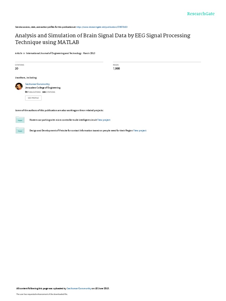 Analysis and Simulation of Brain Signal Data by EEG Signal Processing Technique Using MATLAB
