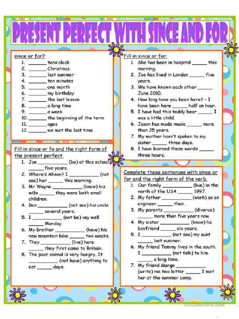 Present Perfect With Since and For Fun Activities Games Grammar Drills ...