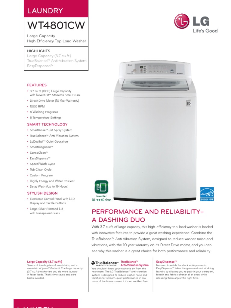 LG Washer WT4801W Spec Sheet Washing Machine Industries