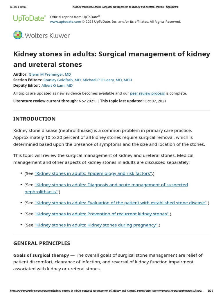 Kidney Stones in Adults Surgical Management of Kidney and Ureteral