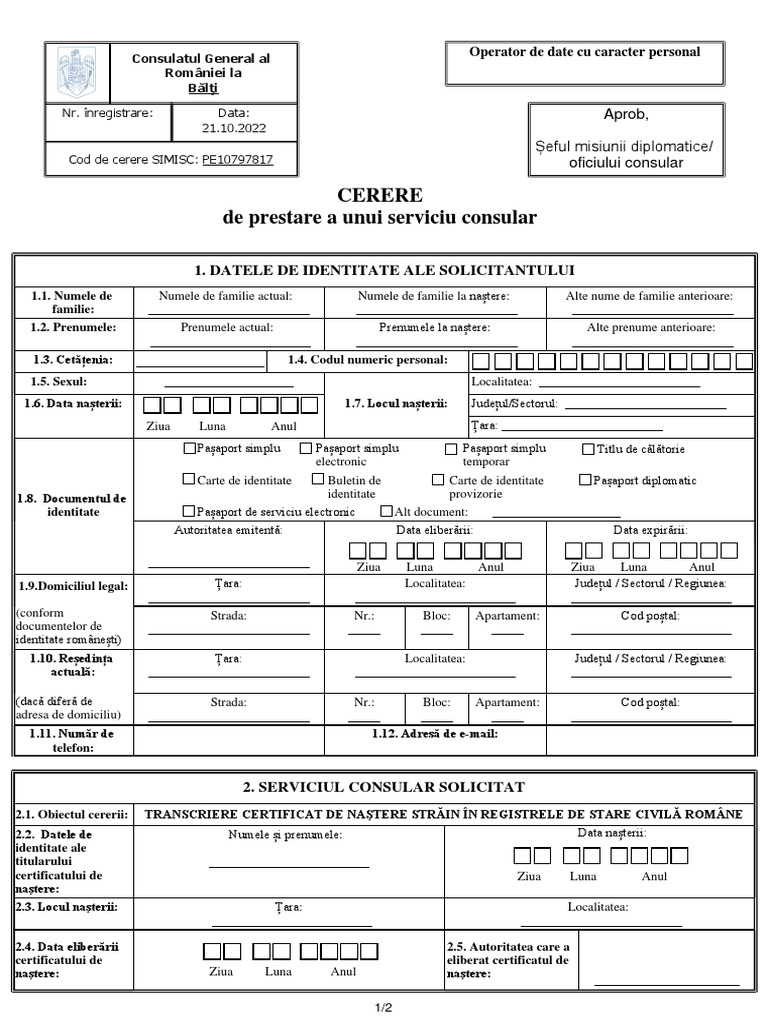 Cererea de Servicii Consulare - Transcriere Certificat de Naştere ...