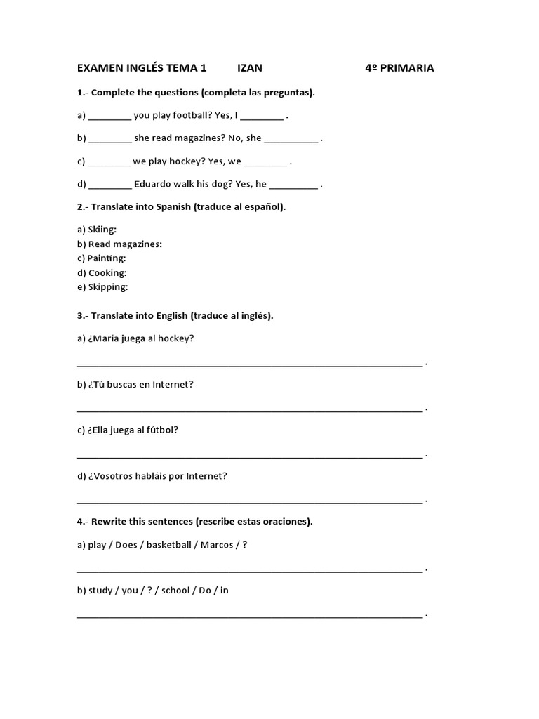 Examen de Inglés Tema 1 - 4º Primaria | PDF