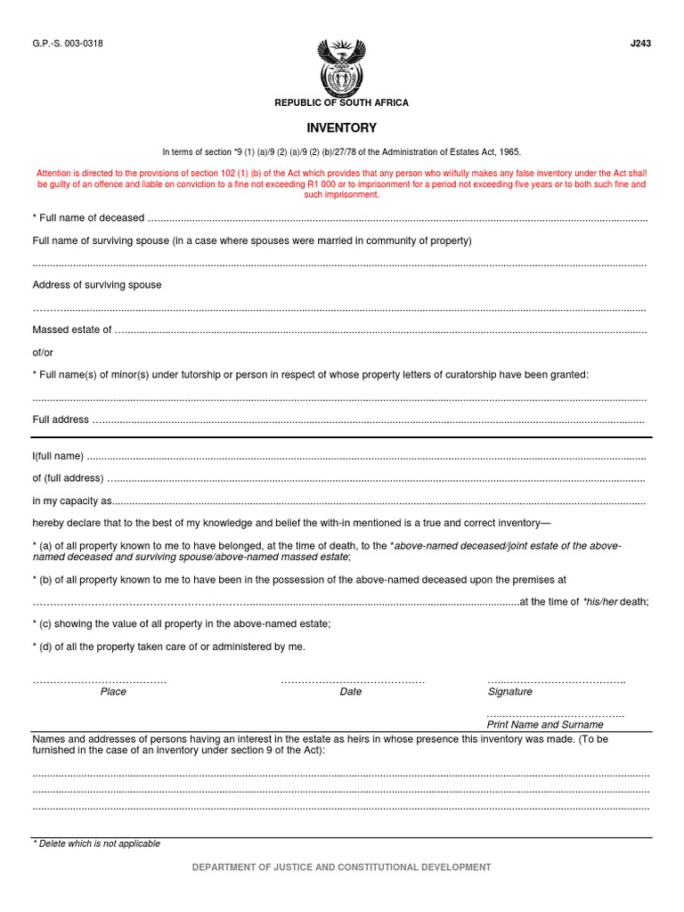 Inventory: in Terms of Section 9 (1) (A) /9 (2) (A) /9 (2) (B) /27/78 ...
