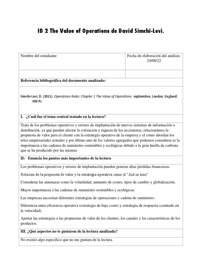 ID 2 The Value of Operations de David Simchi-Levi. | PDF | Economias ...