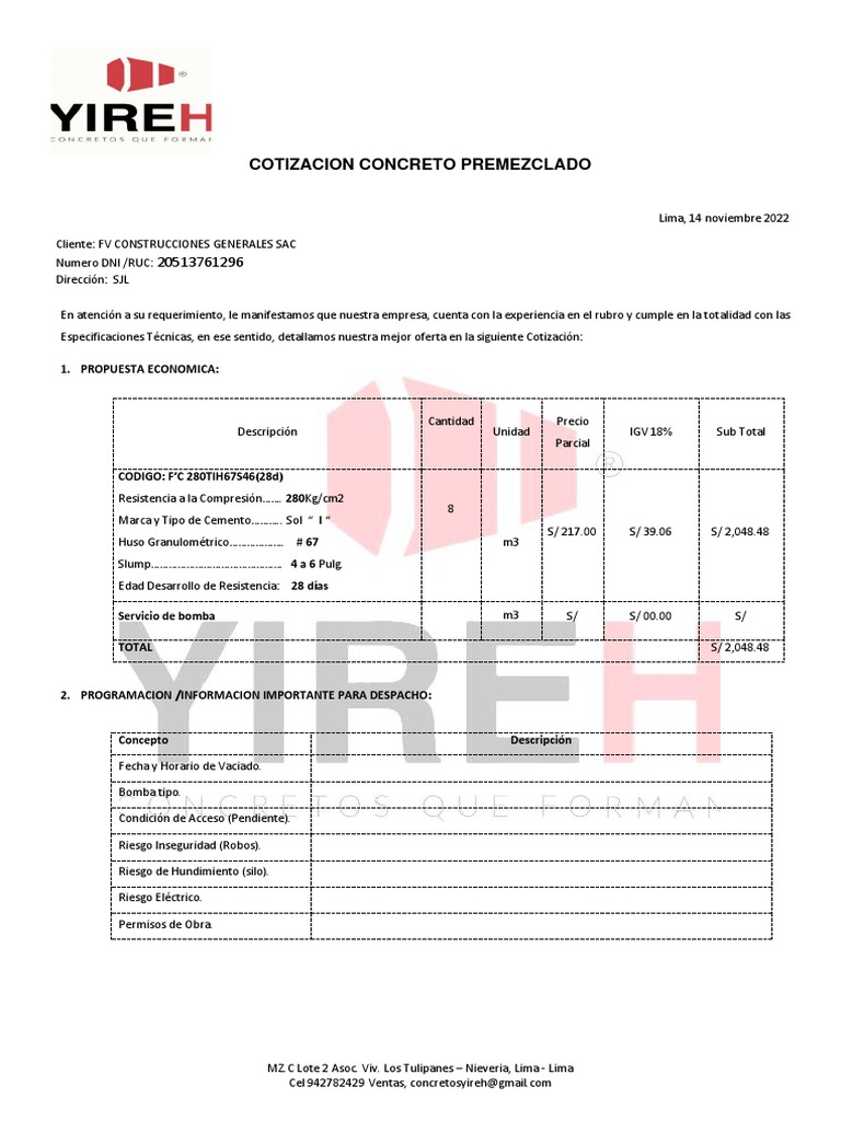 Cotización de concreto premezclado para obra de construcción | PDF ...