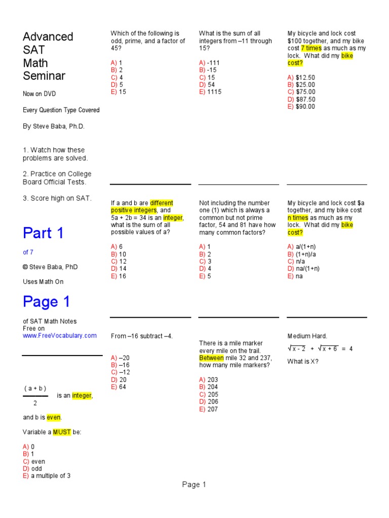 Advanced SAT Math Seminar: Now On DVD Every Question Type Covered by ...