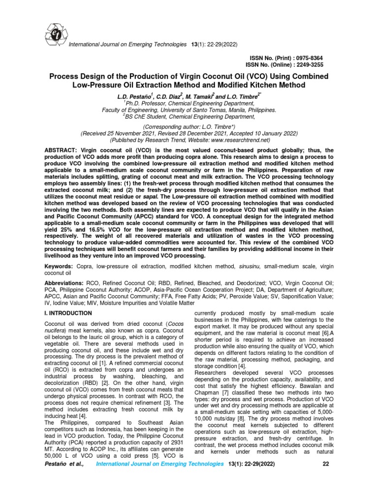 Process Design of The Production of Virgin Coconut Oil (VCO) Using ...