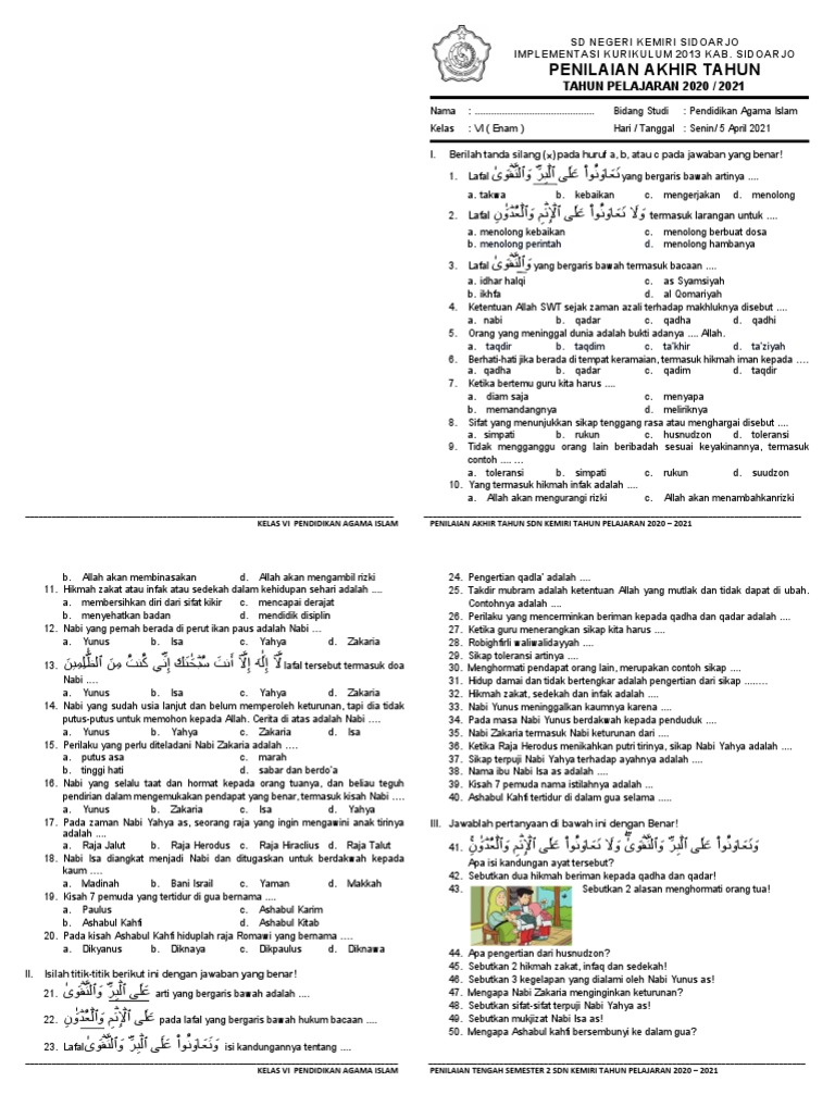 Soal Pat Agama Kelas 6 Th 20 21 Pdf