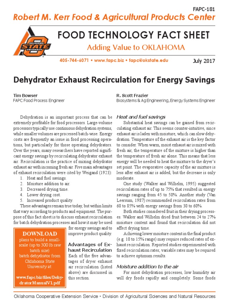 Dehydrator Exhaust Recirculation For Energy Savings Fapc 181 PDF