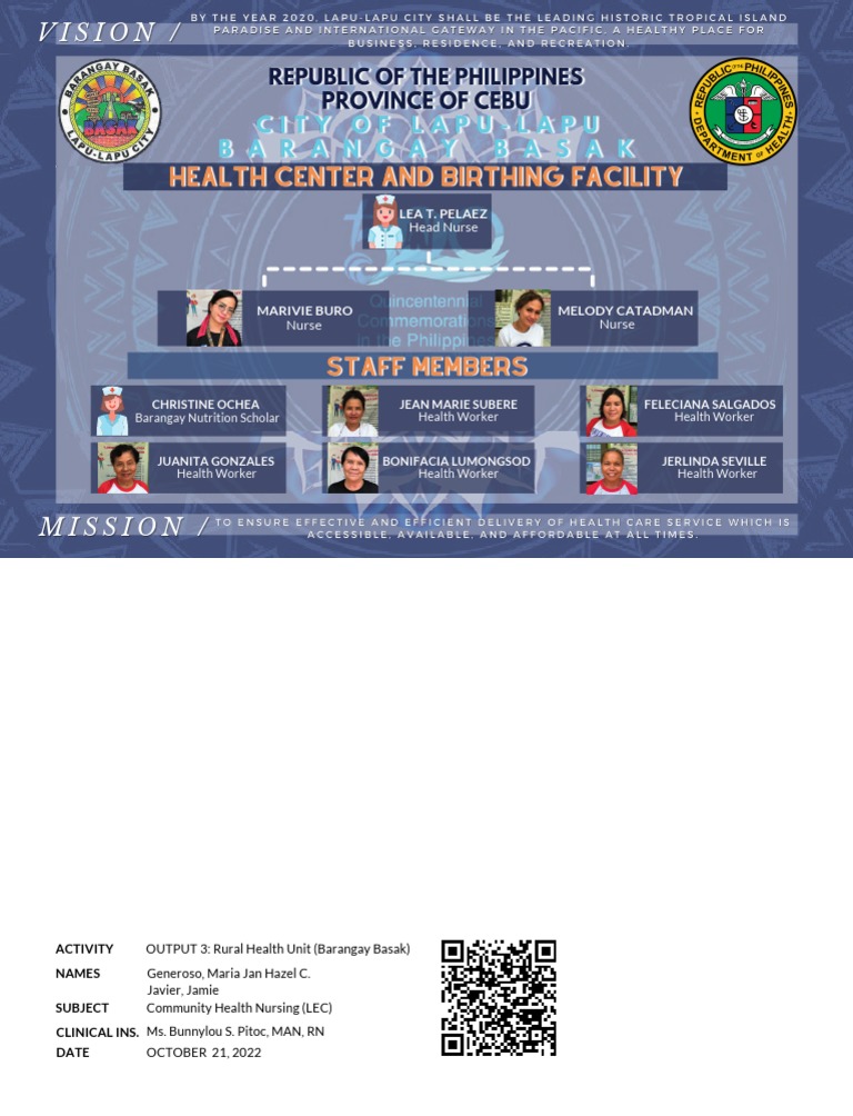 Community Health in Nursing - Rural Health Unit (Barangay Basak) | PDF