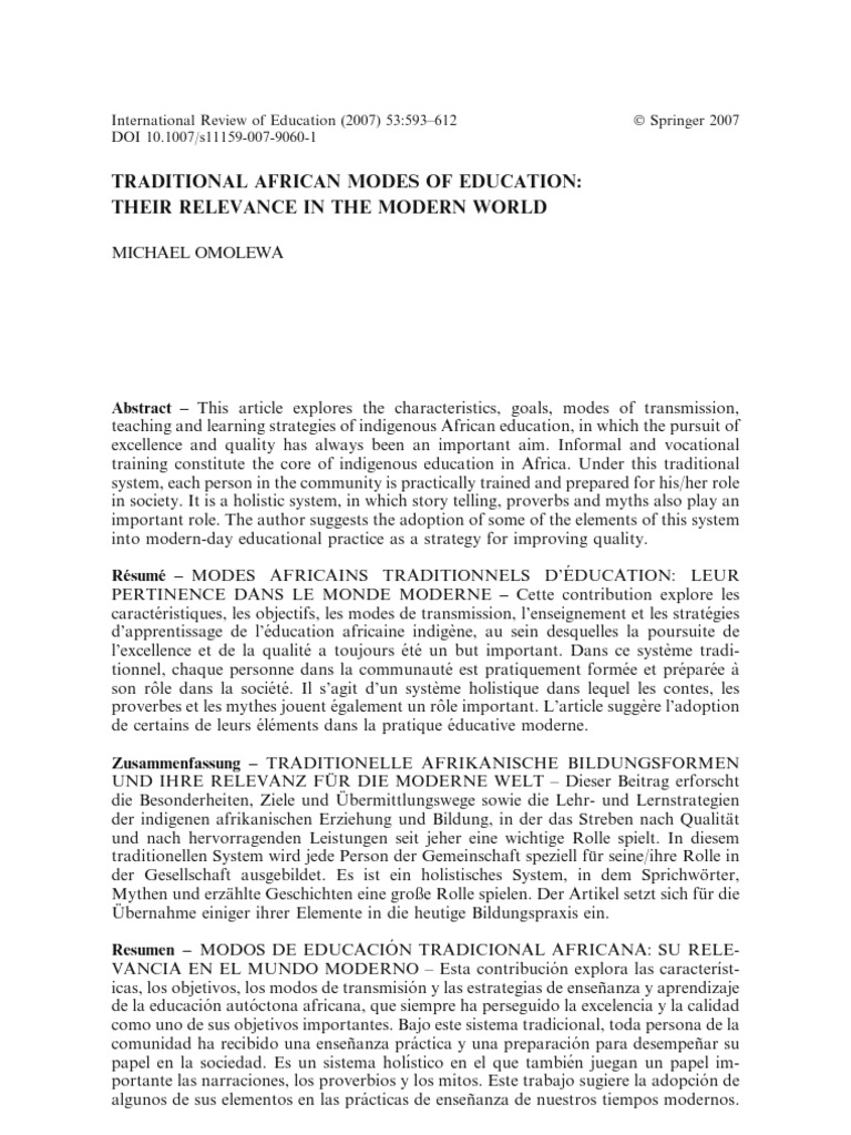 Traditional African Modes of Education - Their Relevance in The Modern ...