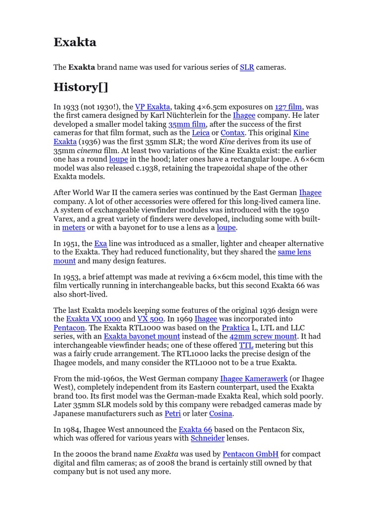 Exakta Camera History and Models | PDF