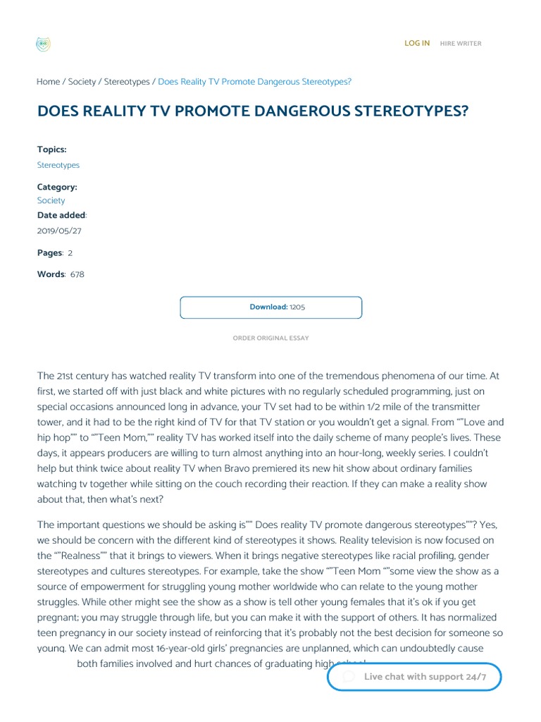 Does Reality TV Promote Dangerous Stereotypes Free Essay Example