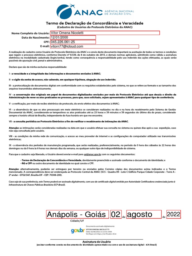 Declaração Veracidade Anac | PDF
