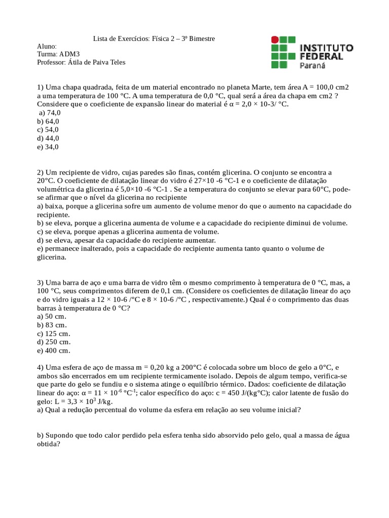 Exercícios de Física 2: Dilatação e Termodinâmica | PDF | Calor | Gases
