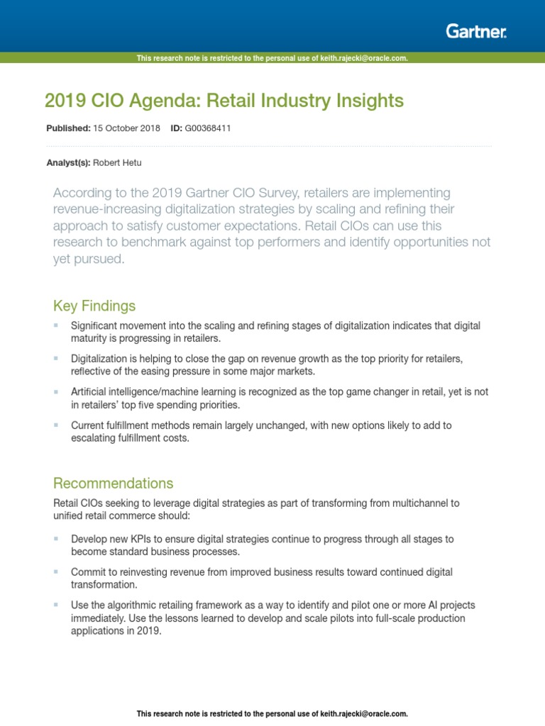 Gartner 2019 Cio Agenda Retail Indus 368411 PDF Artificial