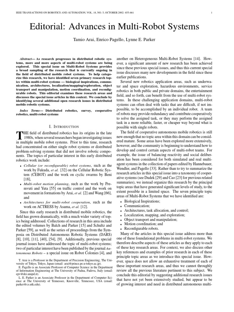 Editorial Advances in Multi-Robot Systems | PDF | Robot | Robotics