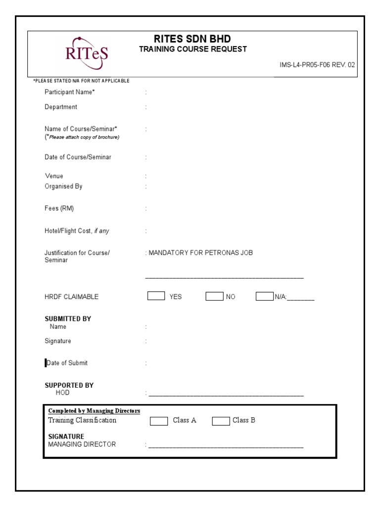 Rites SDN BHD Training Request Form | PDF