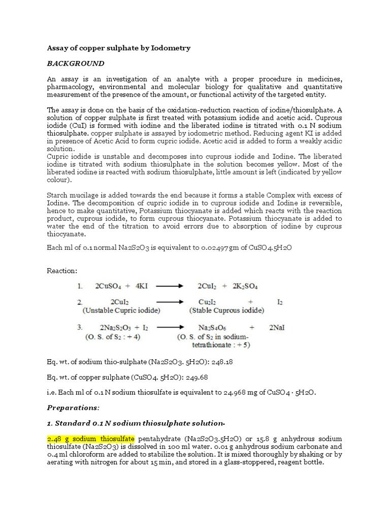 Assay of Copper Sulphate by Iodometry PDF Iodine Atoms
