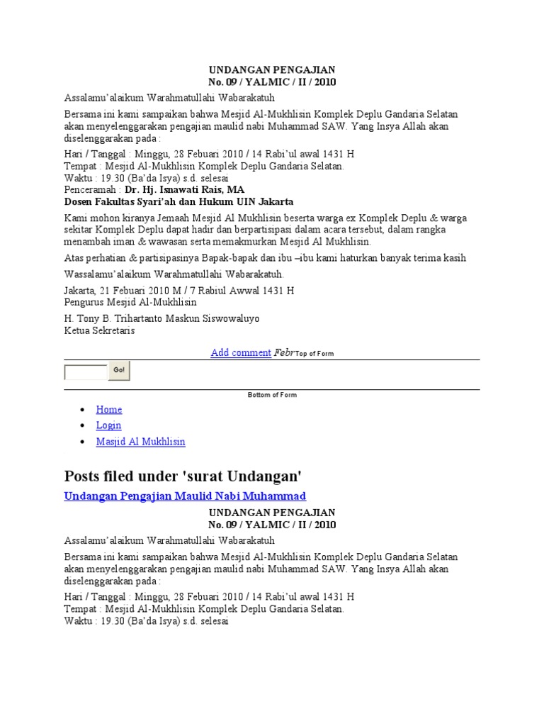 Posts filed under 'surat Undangan': Undangan Pengajian No 