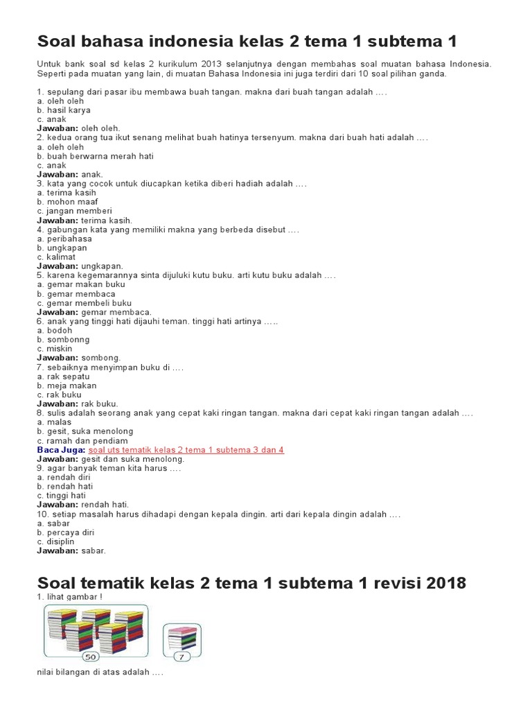 Soal Bahasa Indonesia Kelas 2 Tema 1 Subtema 1 | PDF