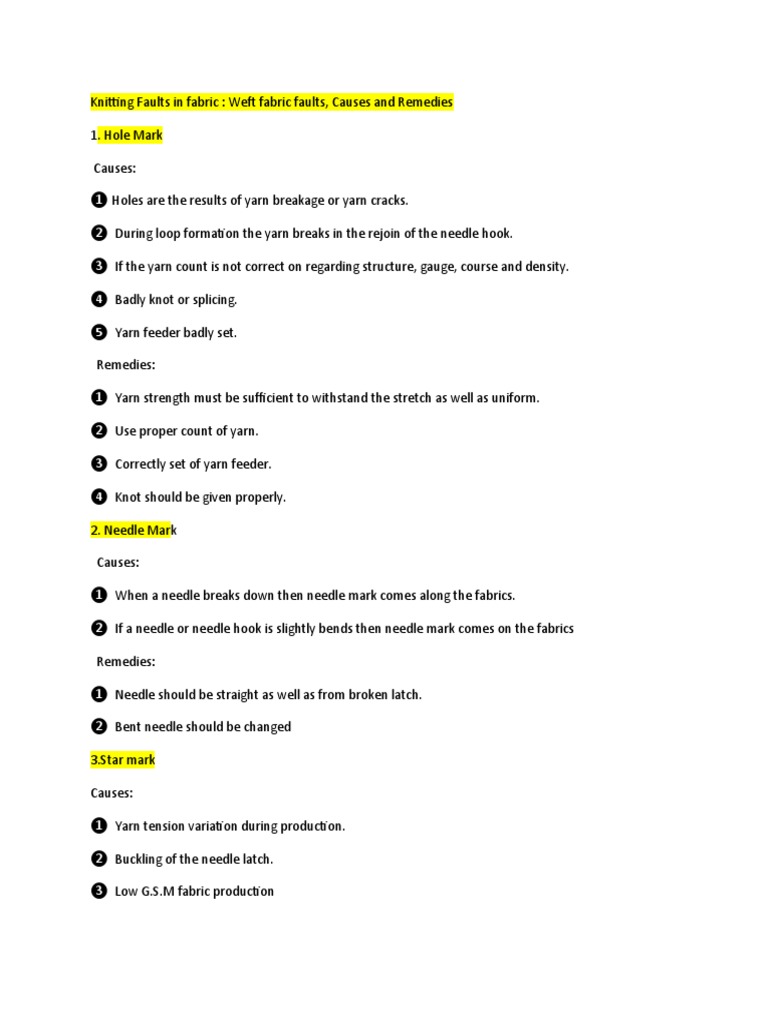 Knitting Defects (Cause& Remedies) | PDF