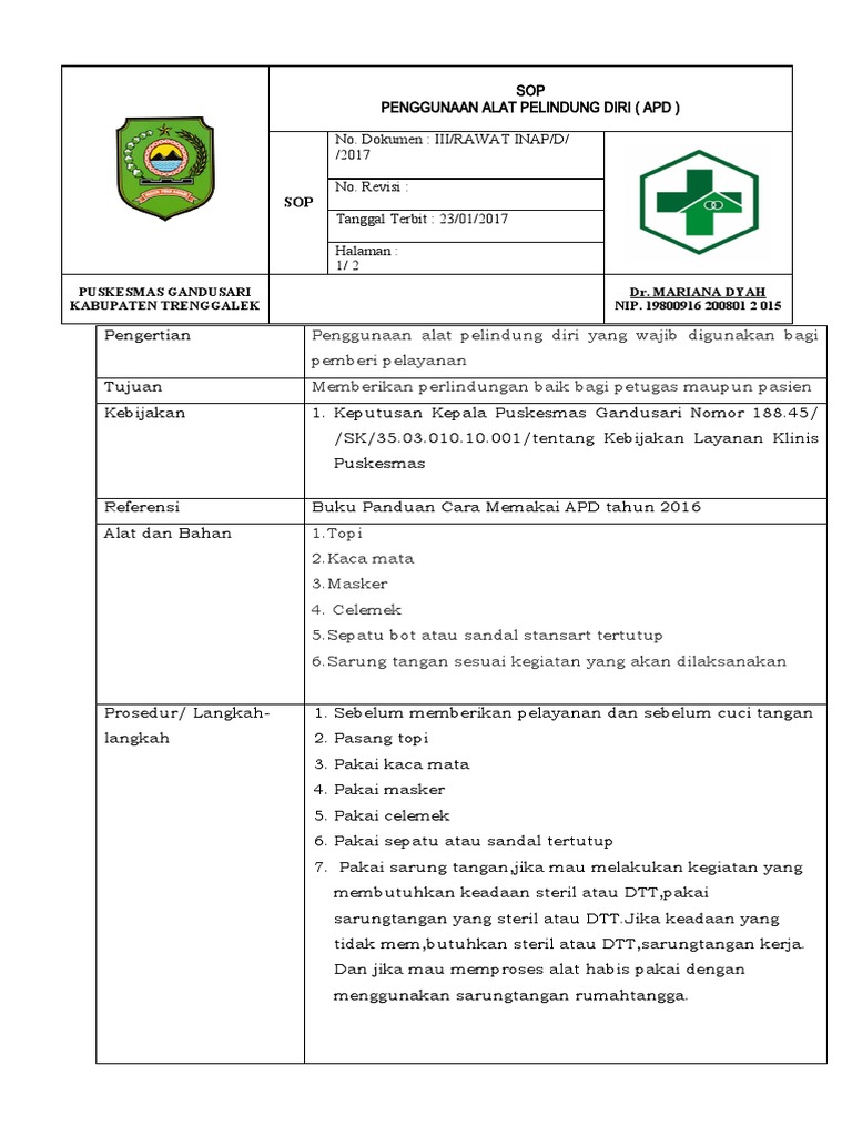 SOP Penggunaan APD di Puskesmas | PDF