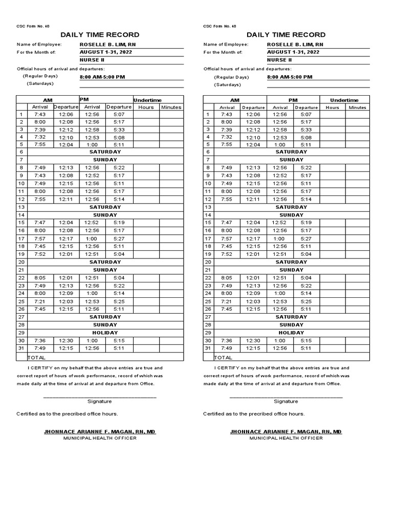 August Daily Time Record for Nurse II | PDF