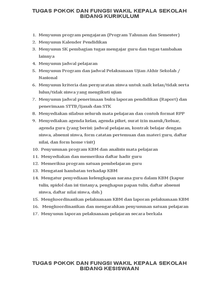 Tupoksi Wakil Kepala Sekolah Bidang Kurikulum | PDF