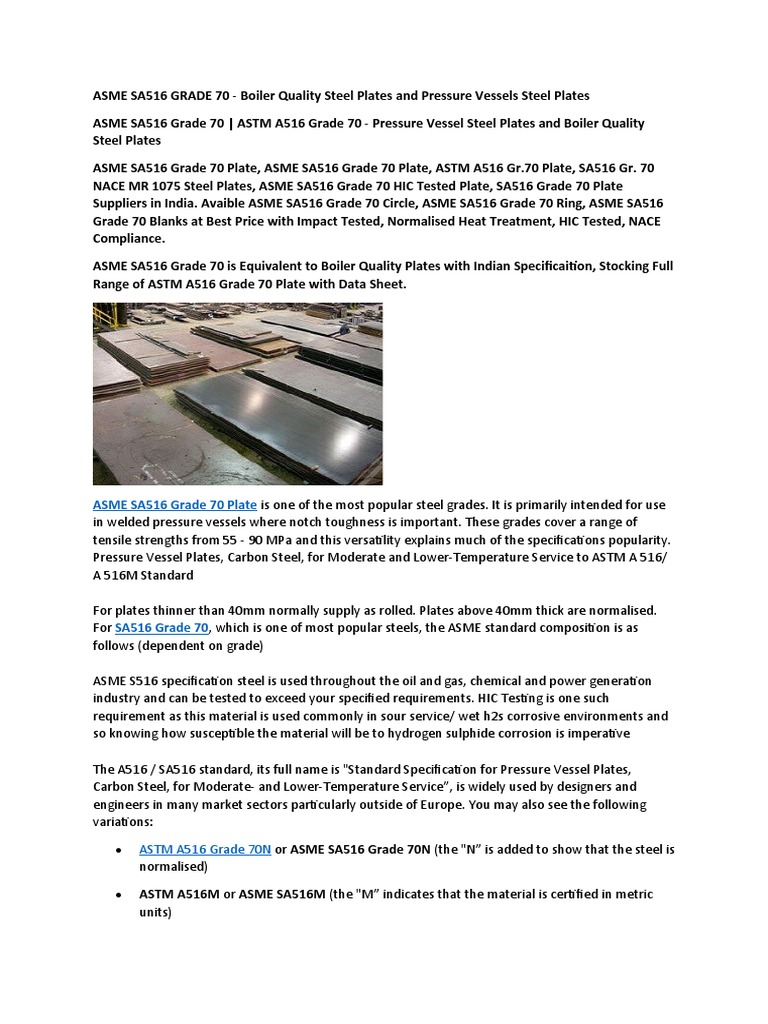 ASME SA516 Grade 70 Steel Plates Guide | PDF | Boiler | Chemical Substances
