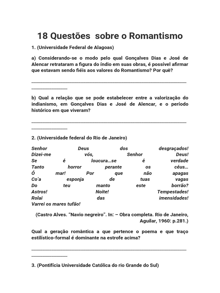 18 Questões Sobre o Romantismo | PDF | Romantismo | Poesia