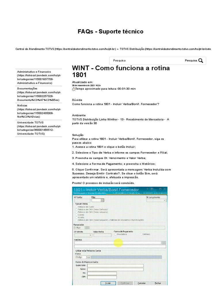 WINT Como Funciona A Rotina 1801 Central de Atendimento TOTVS PDF