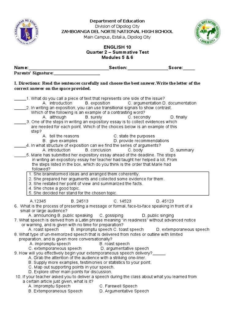 English 10 Summative Test: Expository Writing | PDF | Essays | Linguistics