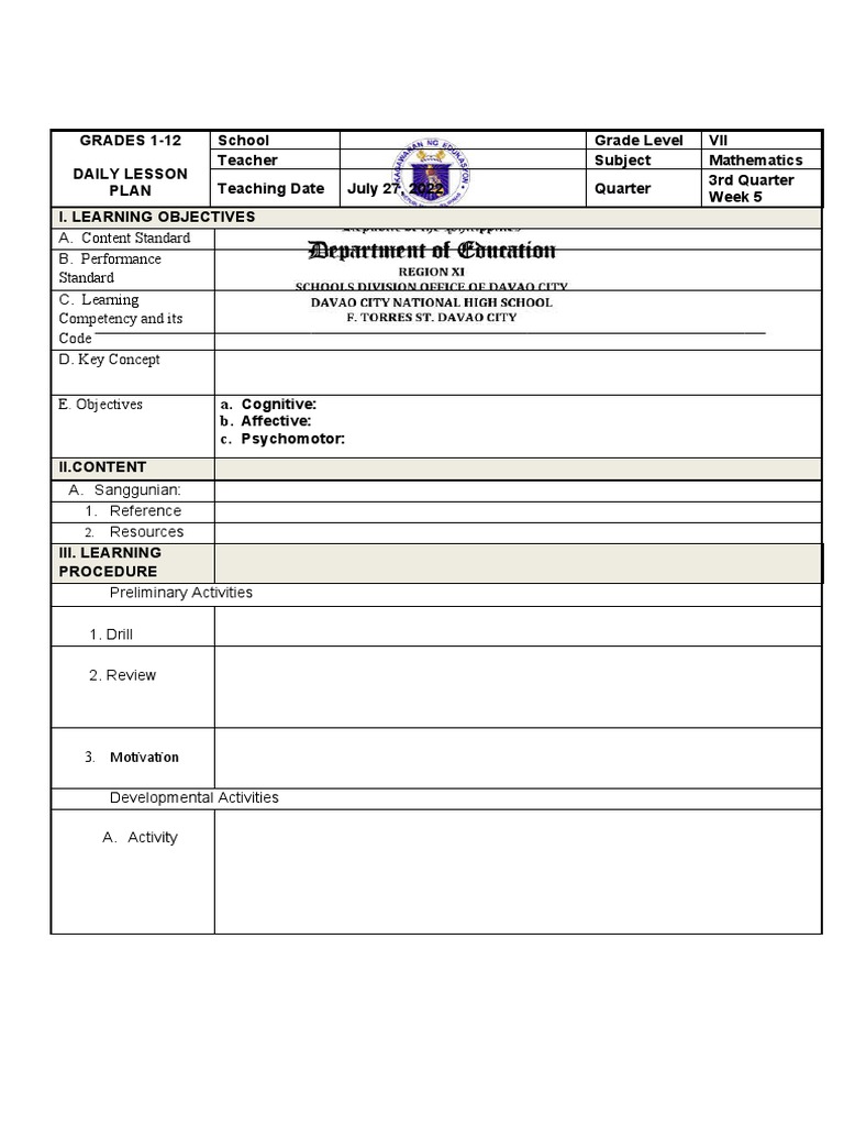 Daily Lesson Plan FORMAT | PDF