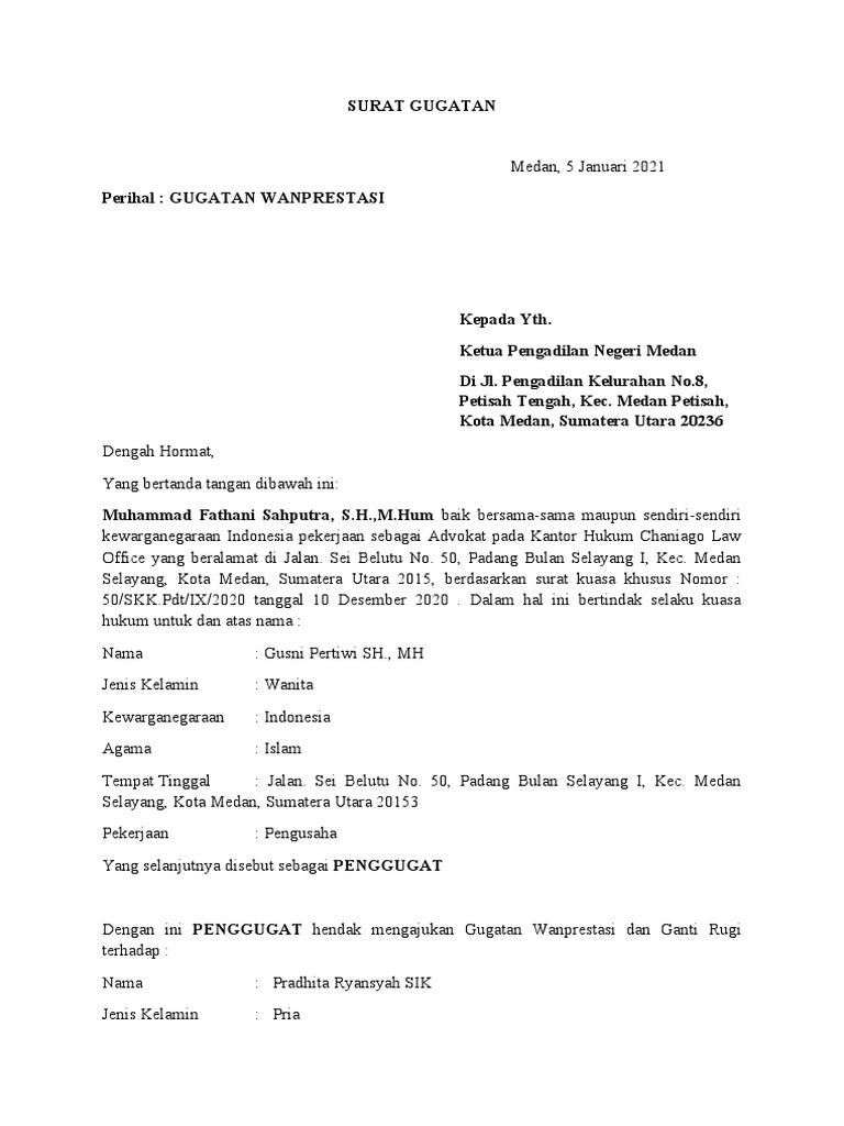Surat Gugatan Wanprestasi Pdf
