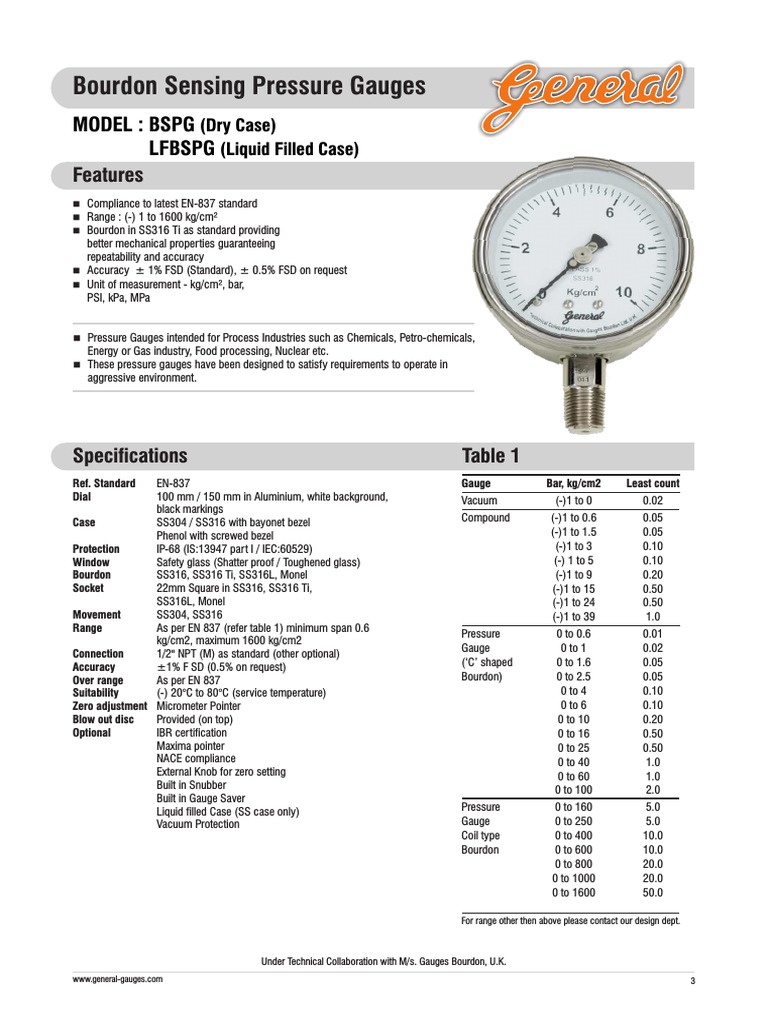 Bourdon Pressure Gauge Specifications | PDF | Pressure Measurement ...