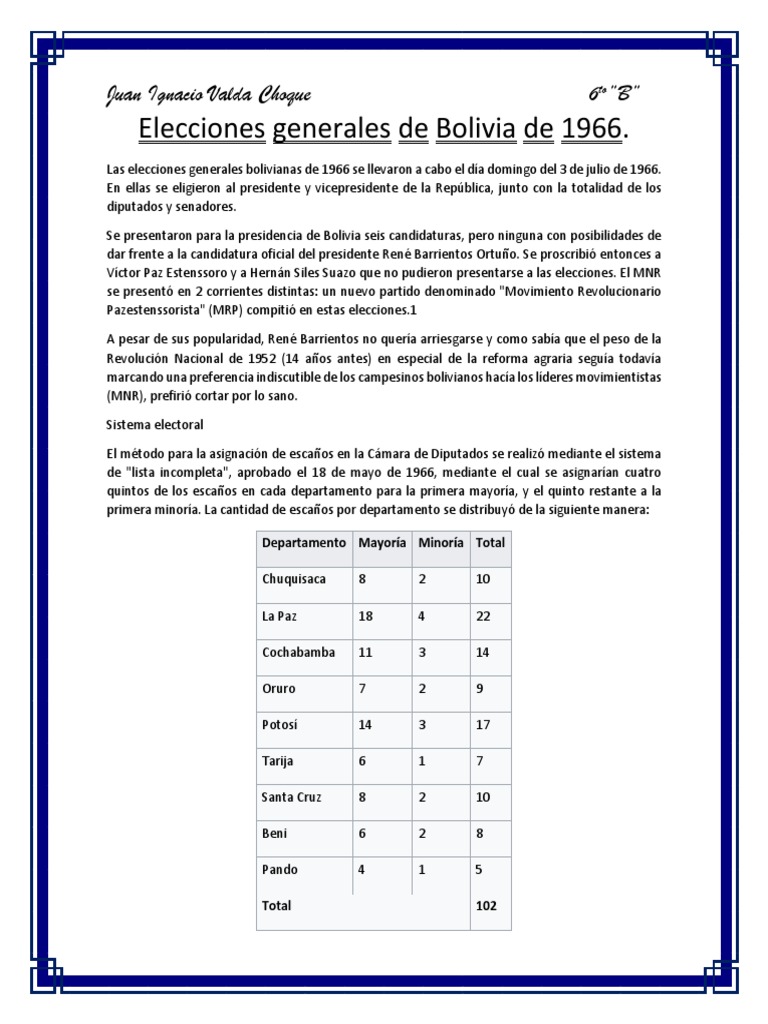 Elecciones Generales de Bolivia de 1966 PDF Comunidad andina Bolivia