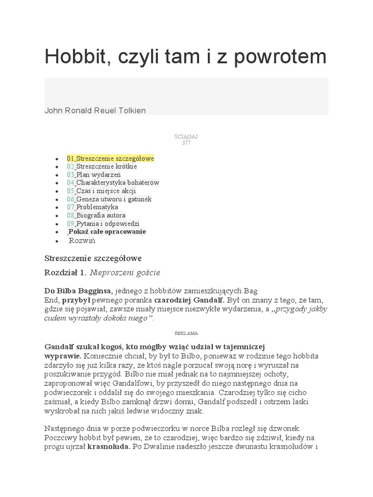 Test Sprawdzający Dla 6 Klasy Hobbit Tam Iz Powrotem Pdf Hobbit - Czyli Tam I Z Powrotem | PDF
