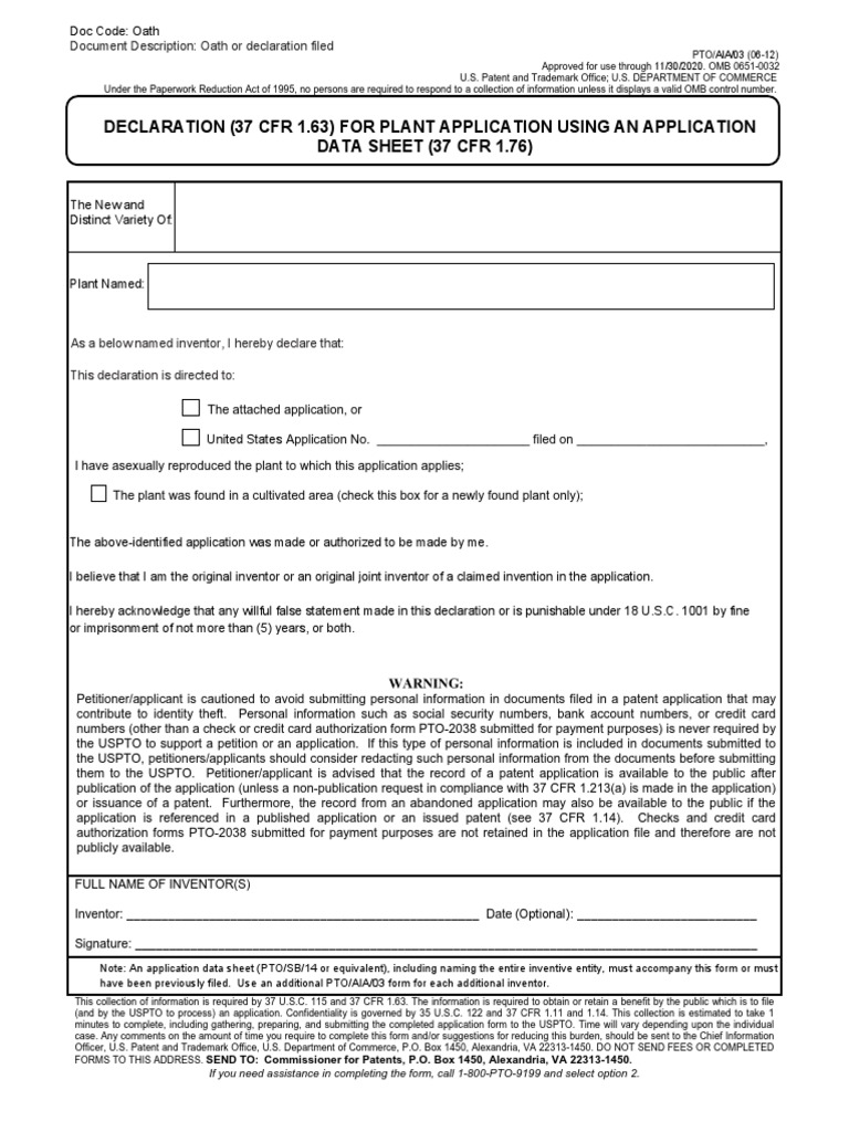 Declaration 37 cfr 1 63 for plant application using an application